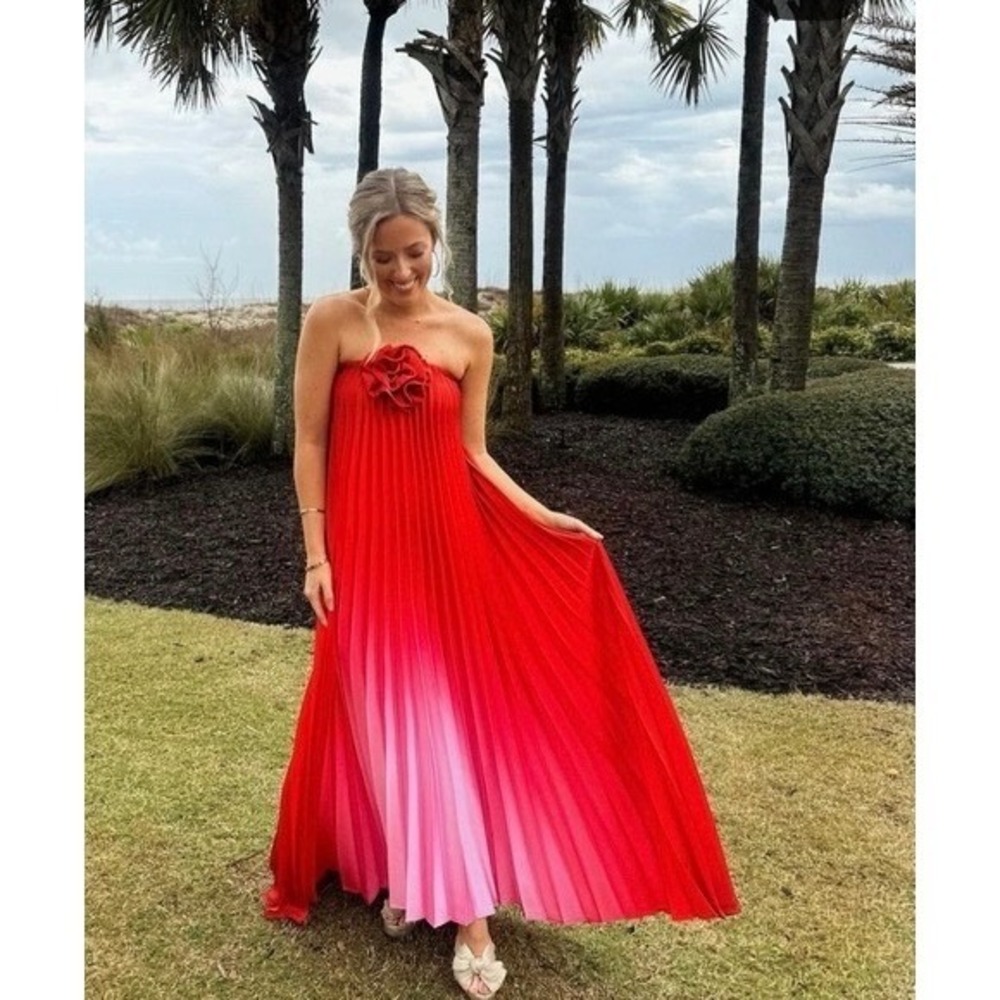 DELFI Kimberly Pink Ombre Pleated Strapless Maxi Dress with Rosette